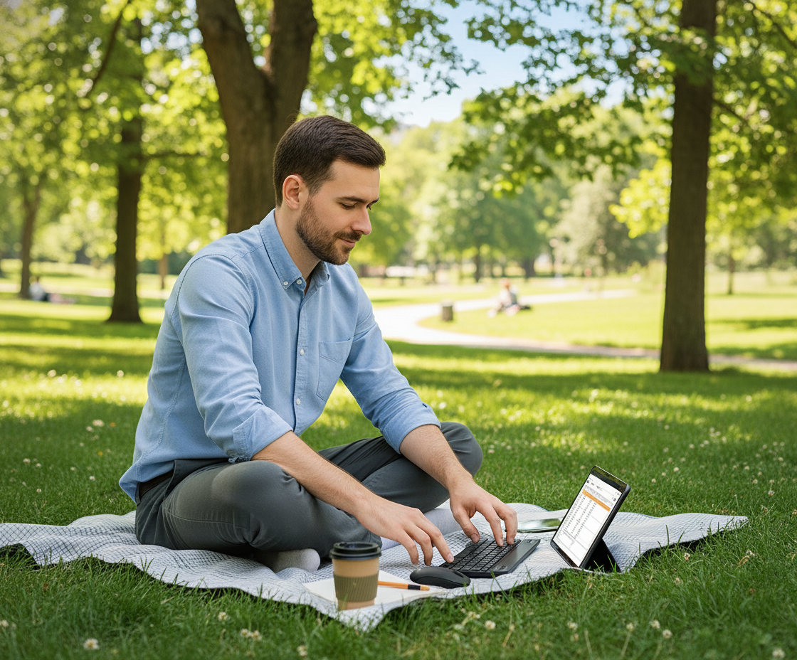 Tablet en el parque con teclado y ratón inalámbrico